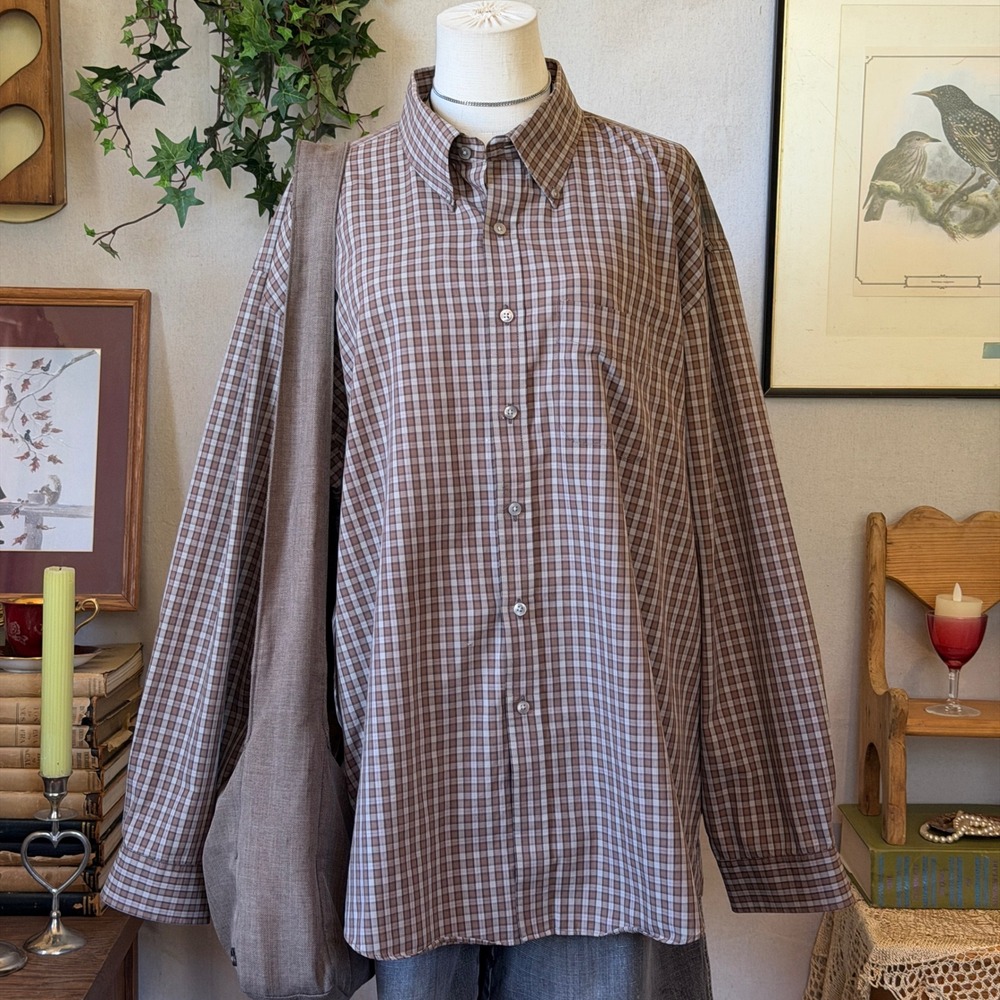 Brown Plaid Ovversized Button Down Shirt Indie Grunge Granola Vintage XXL